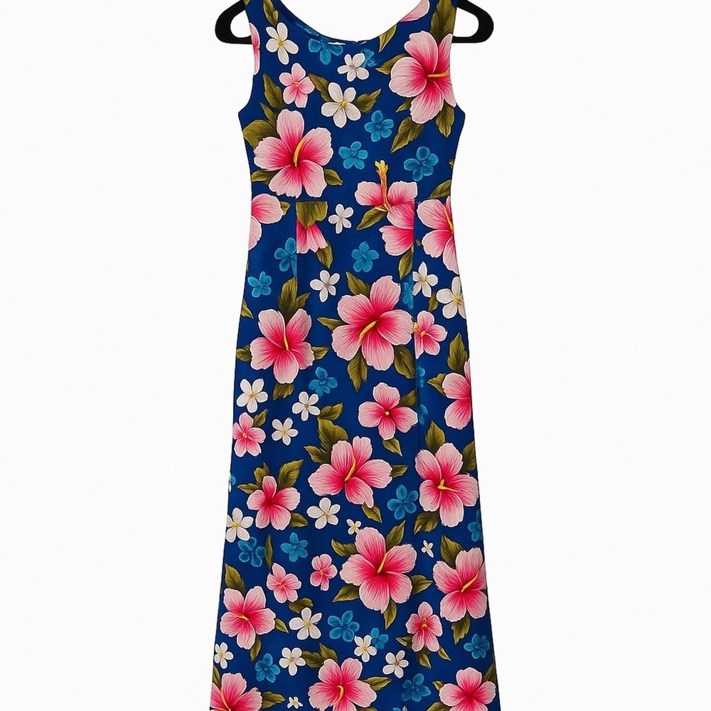 Ui-Maikai Vintage Hawaiian‎ Maxi Dress Blue Pink Hibiscus Floral Cotton Muumuu